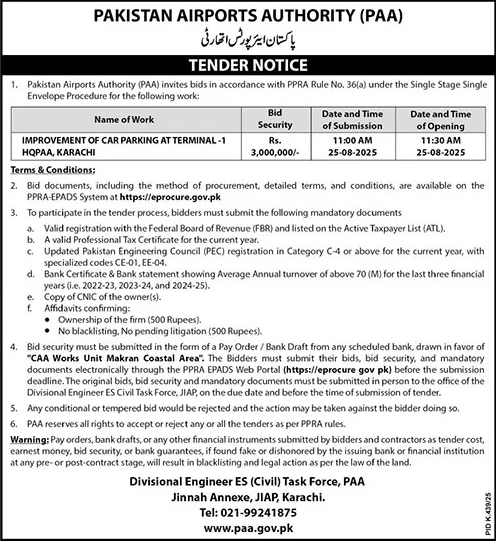 Pakistan Airports Authority Karachi Tender Notice